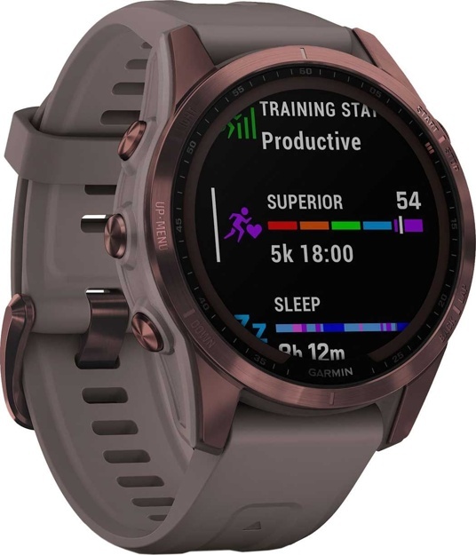 Умные часы Garmin Fenix 7S Sapphire Solar титановый темно-бронзовый с сланцево-серым силиконовым ремешком 42 мм