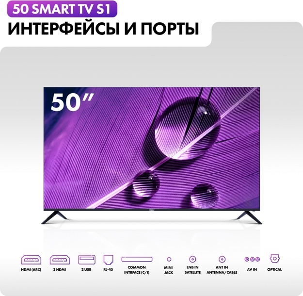 Телевизор LED Haier 50" Smart TV S1: 50 дюйма, 4K, Smart TV