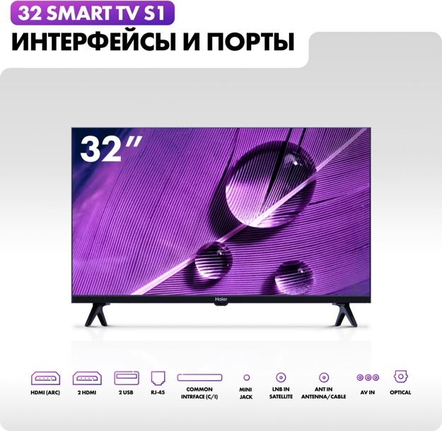 Телевизор LED Haier 32" Smart TV S1: 32 дюйма, HD, Smart TV, DVB-T2